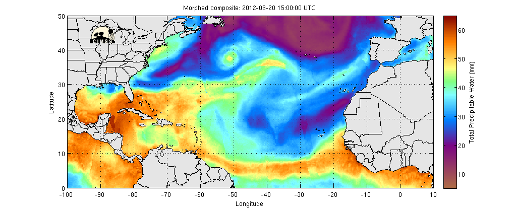 Radiografía del huracán Chris (junio 2012) desde el punto de vista de su "contenido total de agua precipitable"
