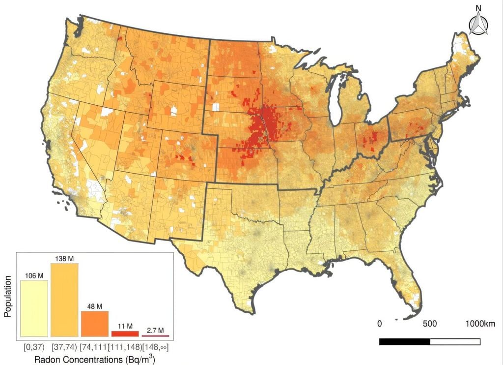 Concentraciones medias de radón previstas a nivel comunitario en el nivel mínimo de detección en los Estados Unidos continentales durante el período 2001-2021. Crédito: PNAS (2025). DOI: 10.1073/pnas.2408084121