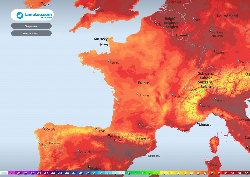 Carte des températures dimanche après-midi Carte des températures dimanche après-midi