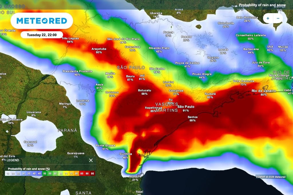 banana, chuva, rajadas de vento, vento Previsão da probabilidade de chuva para terça-feira (22).
