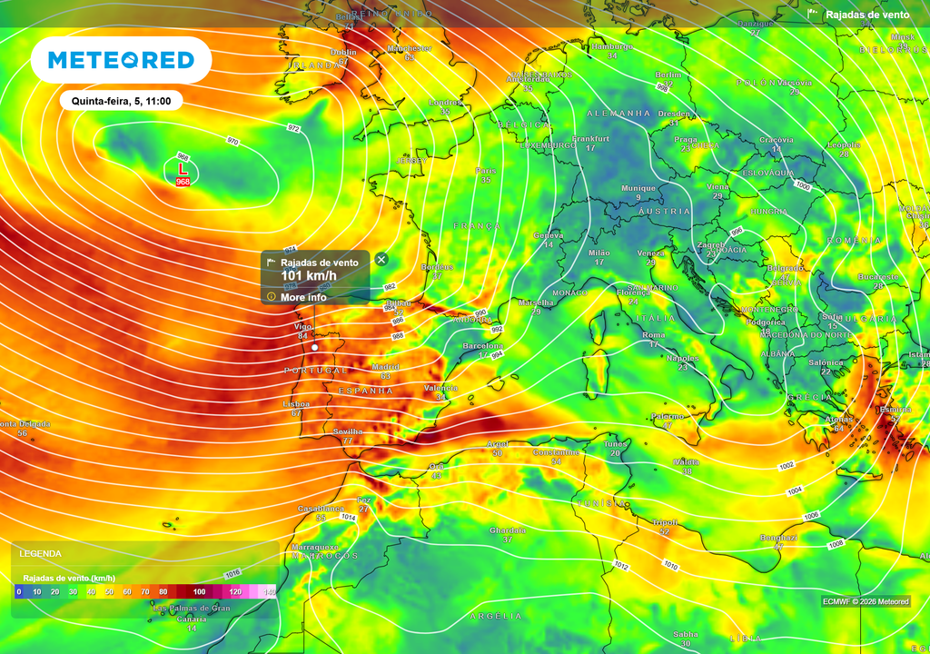 É provável que durante a manhã e o início da tarde se registem as rajadas mais fortes, ou seja, o pico deste episódio. No entanto, o vento manter-se-á forte, pelo menos, até às 18h.