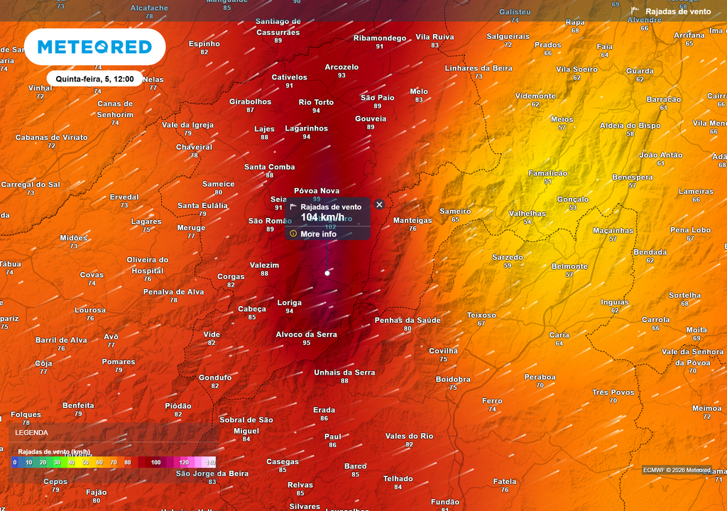 Na região da Serra da Estrela, as rajadas de vento deverão chegar aos 104 km/h, pelas 12h de hoje.