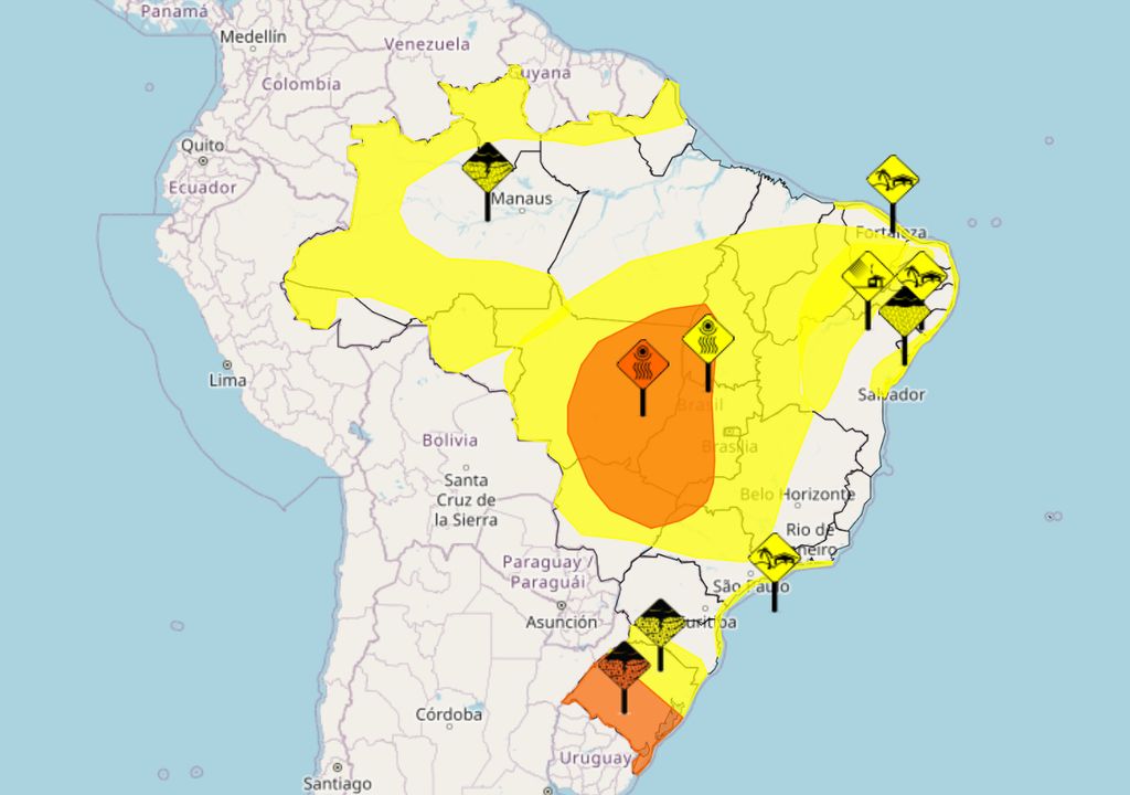 Mapa de alertas meteorológicos emitidos pelo INMET nesta quarta-feira para o Brasil.
