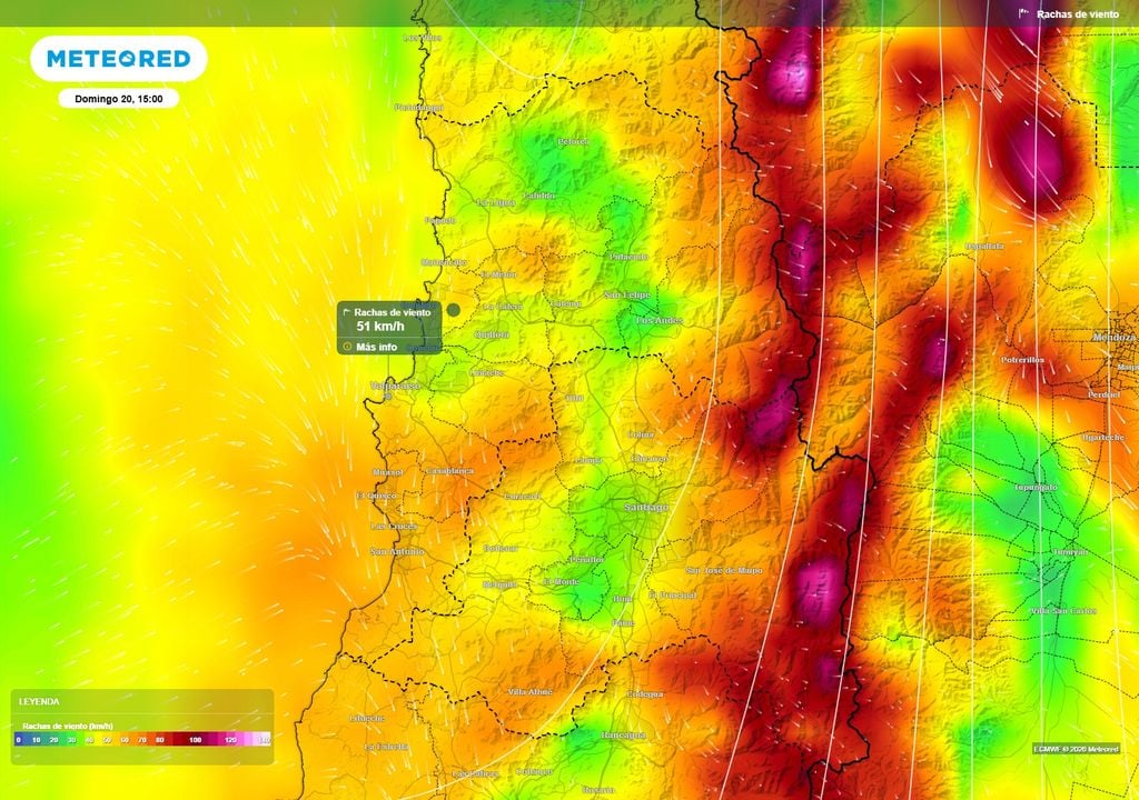 El modelo europeo proyecta para la tarde del domingo 20 un marcado aumento del viento en la Región de Valparaíso, con rachas sobre 50 km/h en sectores costeros y valores que podrían acercarse a 70 km/h en zonas cordilleranas.