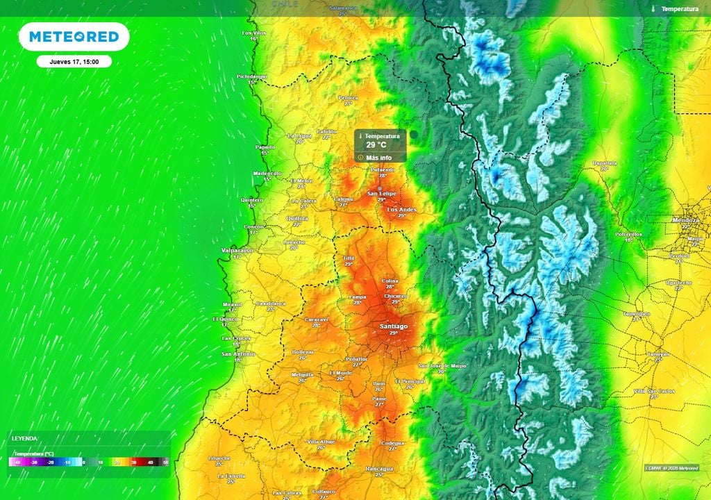 En la precordillera, el jueves, nuevamente podrían acercarse las máximas a los 30 °C.