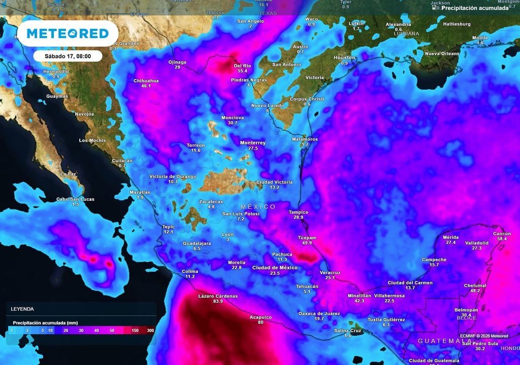 Estados del norte, sur, oriente, sureste y parte del centro tendrán lluvias fuertes a localmente torrenciales de 70-150 mm en varios estados.