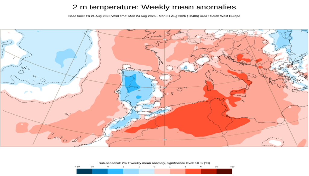 Anomalías de la temperatura a 2m para la semana 24-30 de agosto de 2026: cálidas en escala de rojos y frías en escala de azules. ECMWF