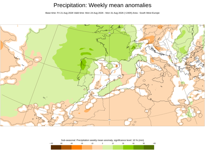 Anomalías de precipitación para la semana del 24-30 agosto 2026: verdes para anomalías positivas y naranjas para negativas. ECMWF