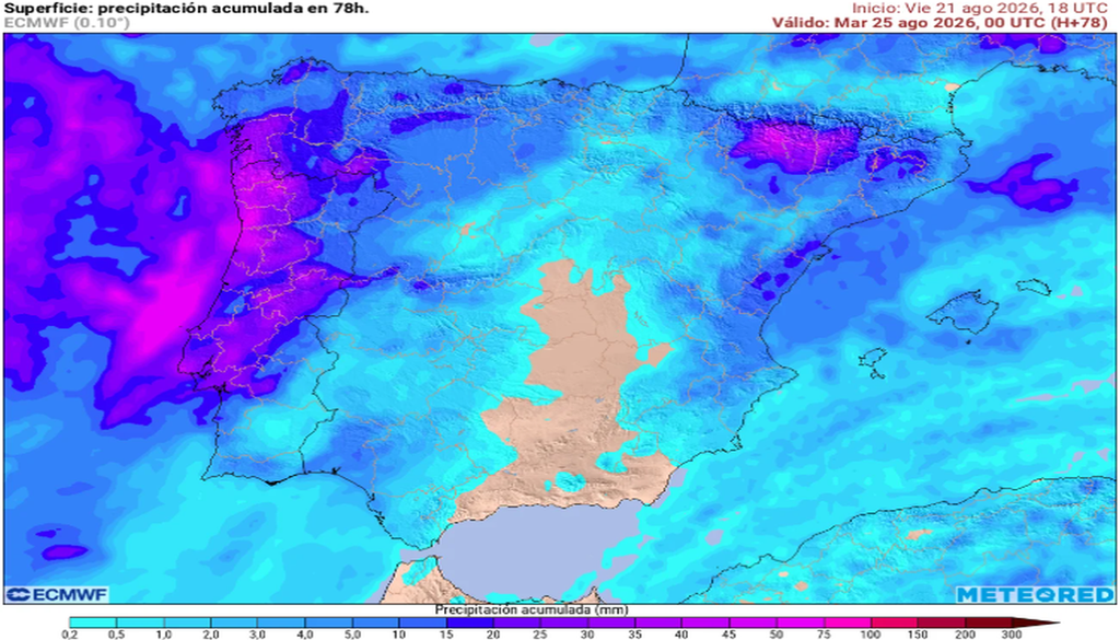 Precipitación acumulada hasta el 25 de agosto de 2026 según modelo ECMWF y escala de colores. Tiempo.com