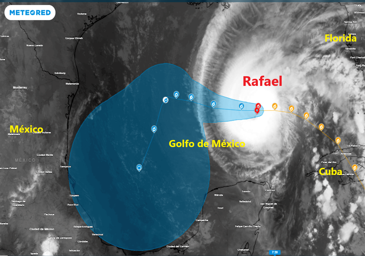 Imagen del huracán Rafael a fecha de 8 de noviembre de 2024 con su rara trayectoria el el Golfo de México. Tiempo.com
