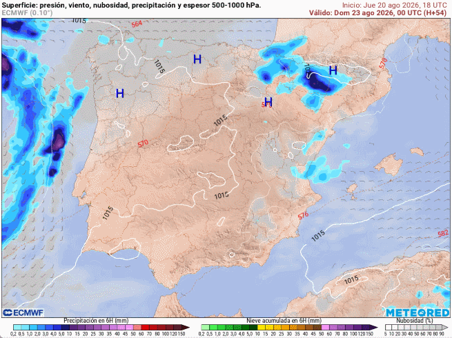 Presión en superficie, vientos, nubosidad en gris y precipitaciones, según escalas de colores, previstas entre el 23 y 26 de agosto de 2026 cuando la borrasca se acerque por el oeste a la península. Tiempo.com