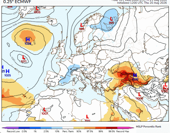 Evolución de la presión en superficie del 21 al 25 de agosto de 2026 con la borrasca profundizandose al oeste de la península, según modelo del ECMWF . Fuente Tomer Burg