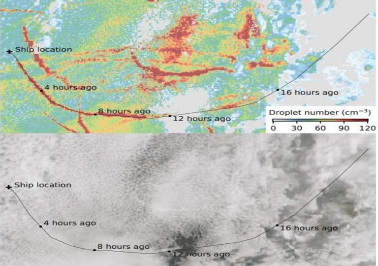 Imagem de satélite; navios; número de gotas Imagem de satélite; navios; número de gotas