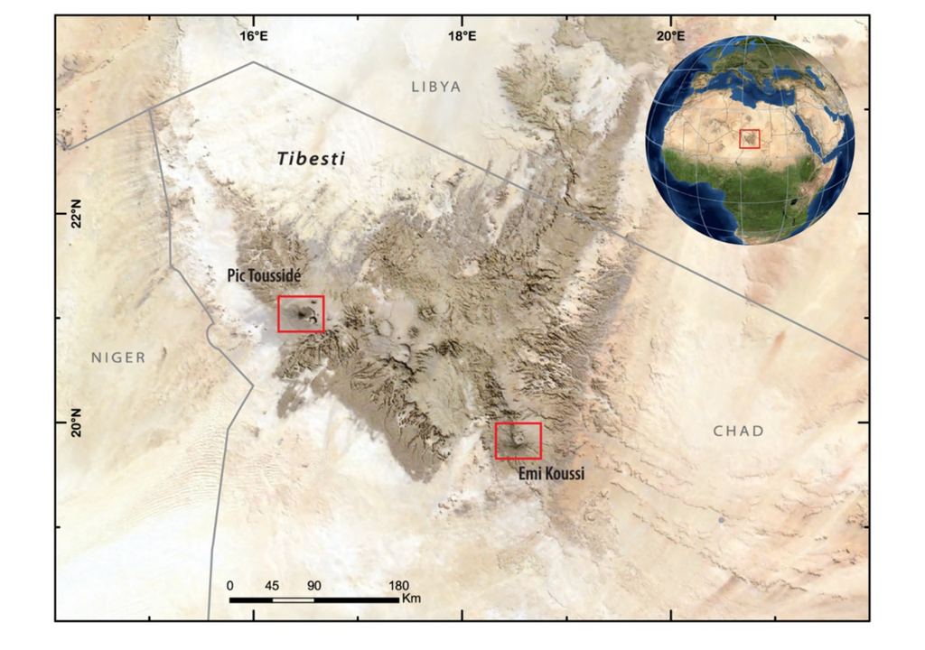 Tibesti-Gebirge in der Zentral-Sahara: Lage der Krater Trou au Natron (am Pic Toussidé) und Era Kohor (am Emi Koussi).