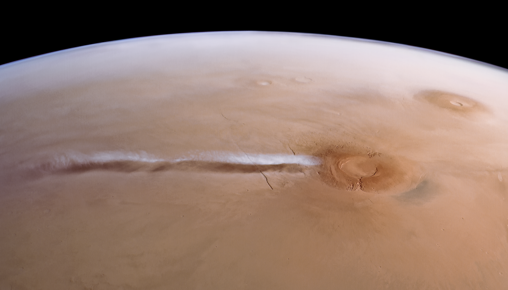 Auf dem Mars wird seit dem Jahr 2018 eine immer wiederkehrende Wolke beobachtet, die Arsia Mons Elongated Cloud oder AMEC. Auf dem Mars wird seit dem Jahr 2018 eine immer wiederkehrende Wolke beobachtet, die Arsia Mons Elongated Cloud oder AMEC. Bild: ESA/DLR/FU Berlin