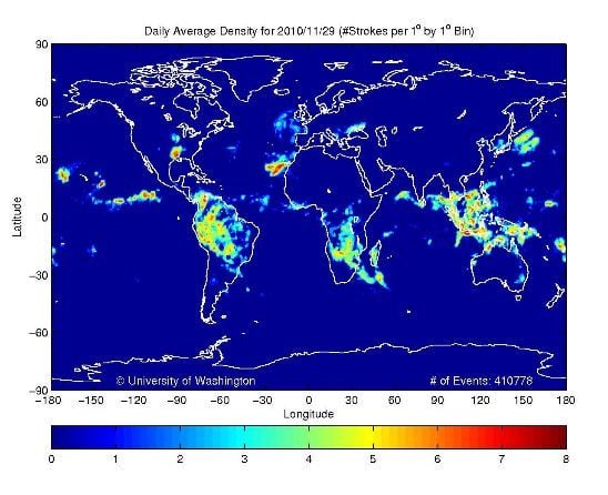 Imagenes correspondiente a la densidad de descargas medias diaria para el 29 de noviembre a una resolución de 1º x 1º, detectados por la red mundial de detección de esféricas, WWLLN. Ver fuente y referencias finales.