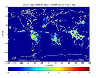 Rayos en las cercanías de Canarias, 29 y 30 de noviembre de 2010, con un máximo relativo muy acusado