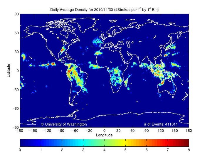 Imágenes correspondiente a la densidad de descargas medias diaria para el 30 de noviembre a una resolución de 1º x 1º, detectados por la red mundial de detección de esféricas, WWLLN. Ver fuente y referencias finales.