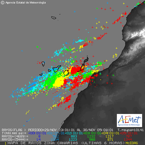 Imagen 1: Imágenes de los rayos (descargas nube - tierra) 6 horas para el 30 de noviembre de 2010, para los periodos seleccionados. En algunos periodos se superaron los 12.000 rayos en seis horas. Fuente: AEMET.