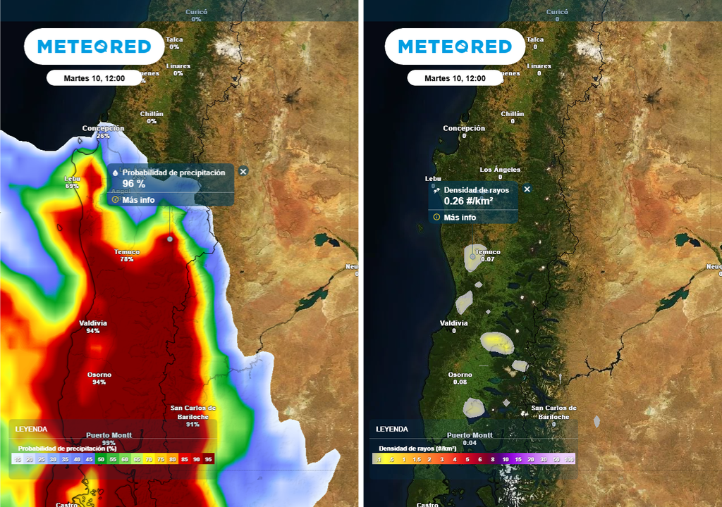 Probabilidad de precipitación (%) -imagen izquierda- y densidad de rayos (#/km2) -imagen derecha- para el mediodía del martes 10 de febrero 2026 en Chile centro sur.