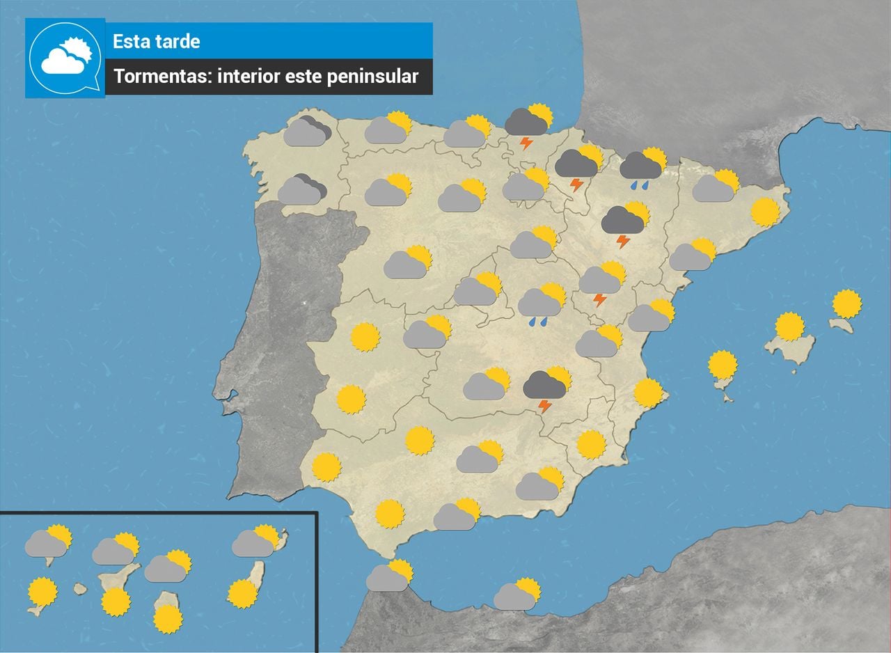Esta tarde se podrán registrar chubascos tormentosos en el interior de la mitad este peninsular. Grafismo de Tiempo.com