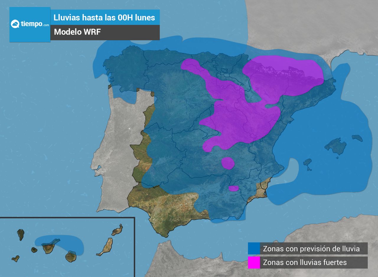 En azul zonas donde habrá que sacar el paraguas en los próximos dos días. En morado: lluvias más cuantiosas. WRF de Tiempo.com