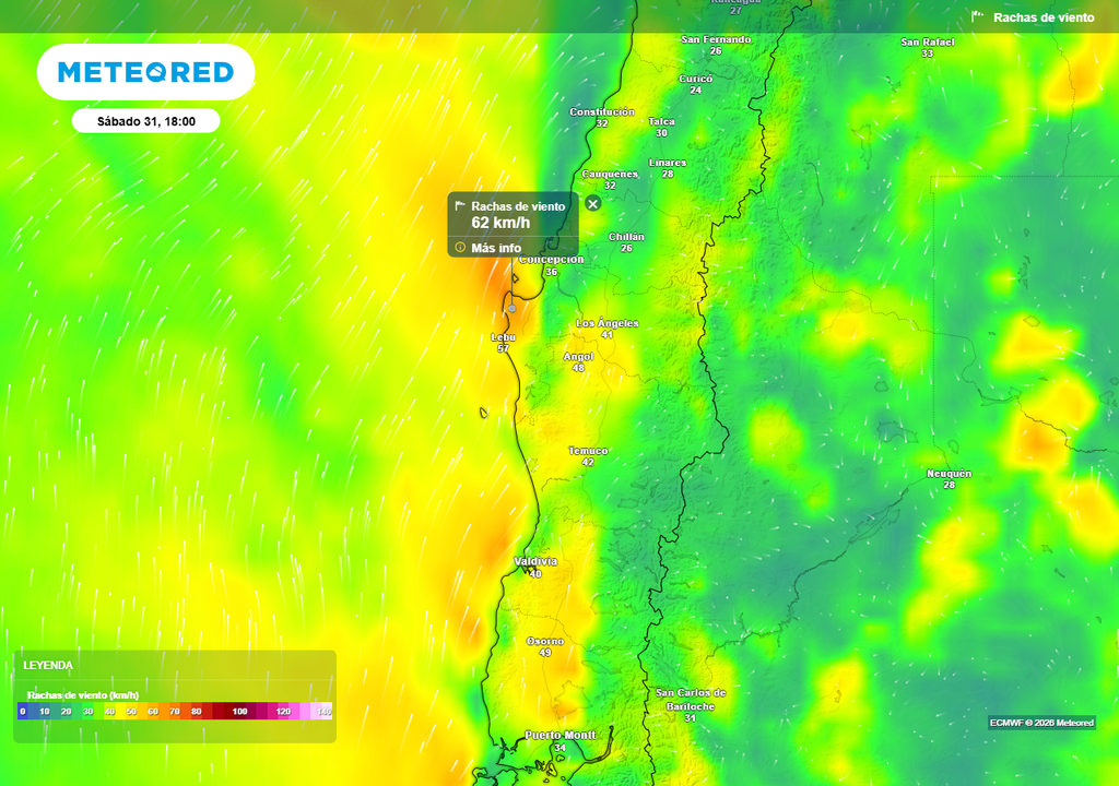 Rachas de viento (km/h) para la tarde del sábado 31 de enero 2026 en la zona centro sur de Chile.