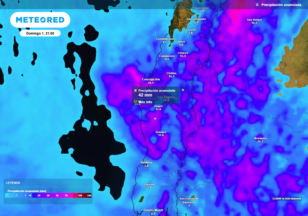 Precipitación acumulada (mm) hasta la noche del domingo 01 de febrero 2026 en Chile centro sur.