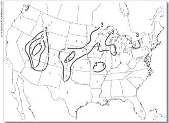 Figura 2. Número de acontecimientos de tormentas de nieve en cada estación desde 1961 a 1990 basado en las observaciones en intervalos de tres horas. Los contornos se dibujan para tres, seis, y nueve ocurrencias en 30 años. Fuente: Market et alt. (2002)