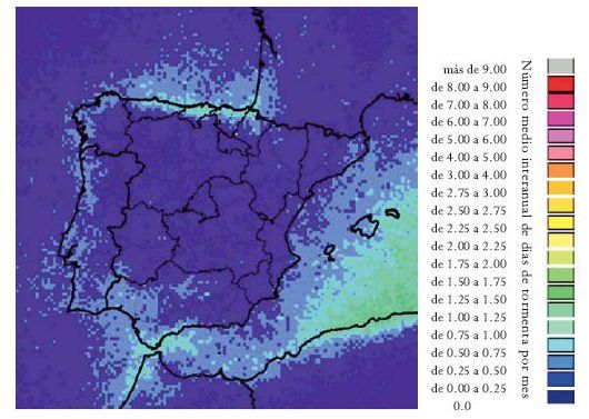 Número medio de días de tormentas durante los meses de invierno (EFM) para el periodo 2000-2009. Ver escala adjunta. Fuente: AEMET-AME