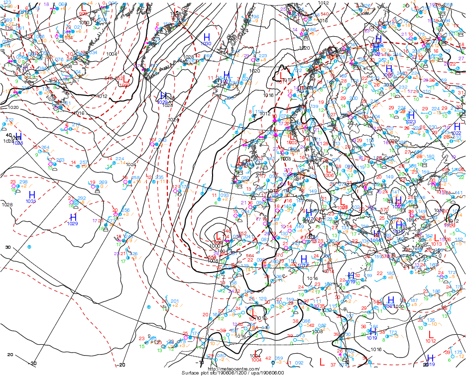Mapas de superficie y datos sinópticos ploteados a las 06 UTC, arriba, y 12 UTC, abajo, del 6 de junio de 2019 a partir de observaciones y análisis objetivo. Meteocentre. Mapas de superficie y datos sinópticos ploteados a las 06 UTC, arriba, y 12 UTC, abajo, del 6 de junio de 2019 a partir de observaciones y análisis objetivo. Meteocentre.