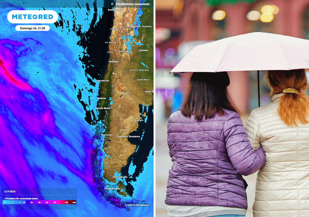 mapa de lluvias previstas y personas con paraguas bajo la lluvia ¡Se viene la lluvia! Esta semana regresan los frentes a Chile con sus precipitaciones.