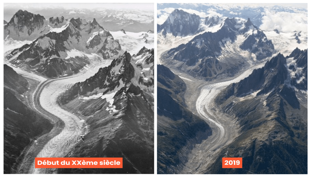 Un siècle après des photographies aériennes de la Mer de glace prises par le pilote suisse Walter Mittelholzer, une équipe de recherche de l’université de Dundee (Grande-Bretagne) a refait les mêmes clichés en 2019. ©ETH-Bibliothek Zürich et Dr Kieran Baxter/Université de Dundee/Vert Un siècle après des photographies aériennes de la Mer de glace prises par le pilote suisse Walter Mittelholzer, une équipe de recherche de l’université de Dundee (Grande-Bretagne) a refait les mêmes clichés en 2019. ©ETH-Bibliothek Zürich et Dr Kieran Baxter/Université de Dundee/Vert
