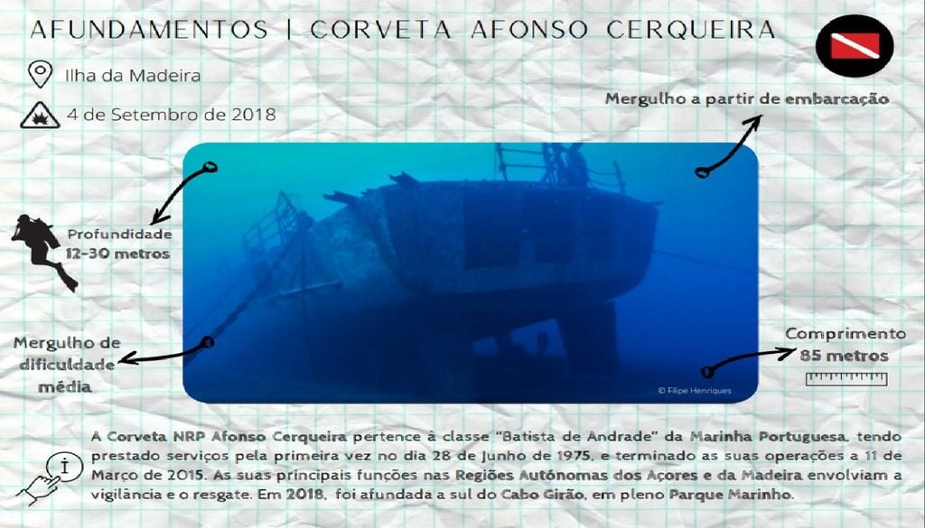 A curveta Afonso Cerqueira é uma das três embarcações da Marinha Portuguesa afundadas na região da Madeira para impulsionar a biodiversidade e promover o turismo. Imagem: DRP/Madeira