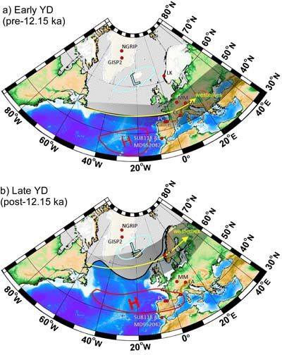 Reconstrucción Climática A Partir De Una Estalagmita De La Cueva Cántabra De La Garma Figura 2.- Reconstrucción de mapas del tiempo en el Atlántico norte antes y después de 12.150 años antes del presente (según Baldini et al. 2015).