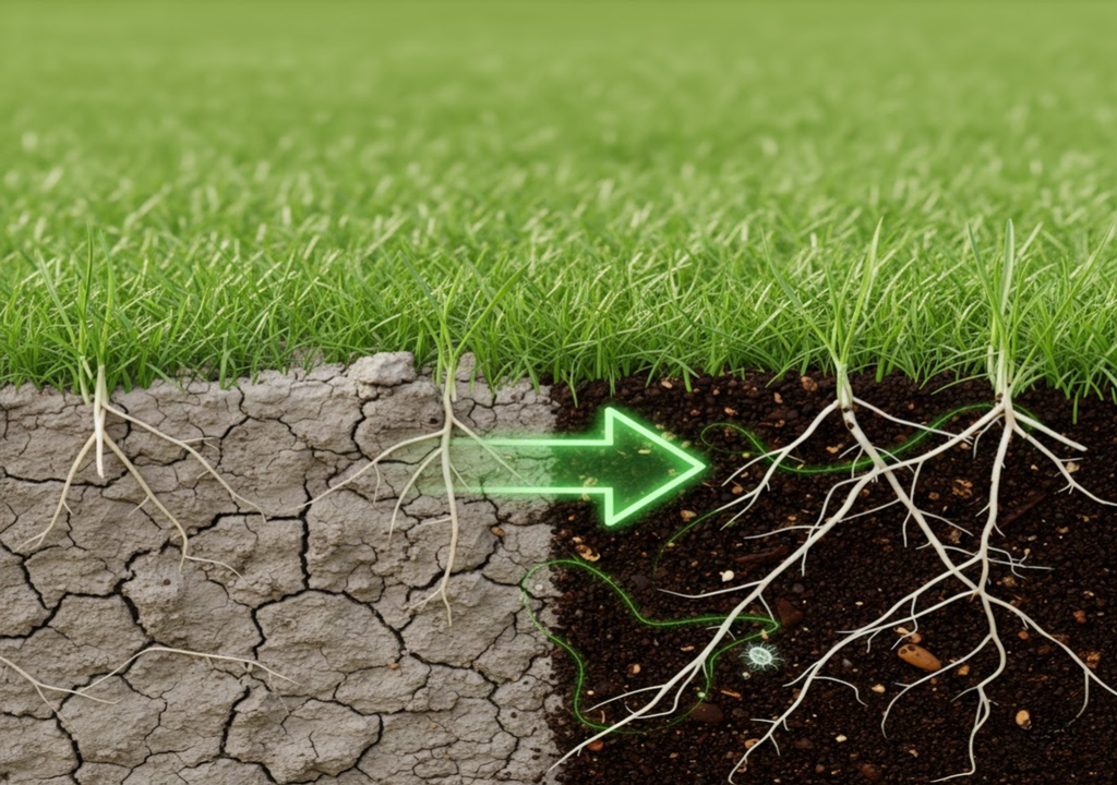 El café usado puede aportar materia orgánica al suelo, mejorando su estructura, aireación y actividad microbiana, lo que favorece el desarrollo de las raíces del césped.