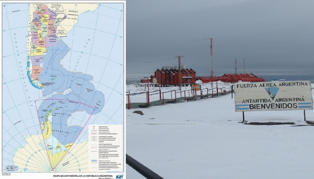 Antártida Argentina A la izquierda: actualización del mapa bicontinental argentino de uso obligatorio desde 2010, establecido por Ley 26651. A la derecha: fotografía en el cartel de bienvenida a la Base Marambio (Antártida Argentina).