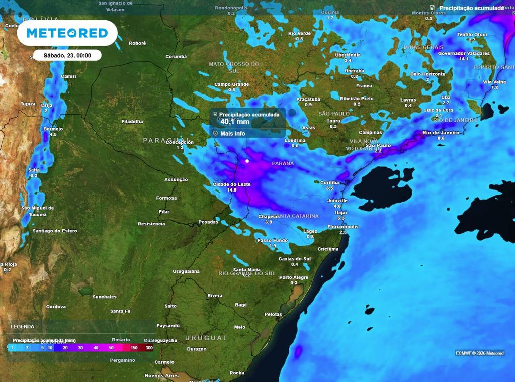 Previsão dos volumes de chuva até o final da noite de sexta-feira (22). Maiores acumulados ficam por conta do oeste do PR, com volumes que superam os 40 mm.