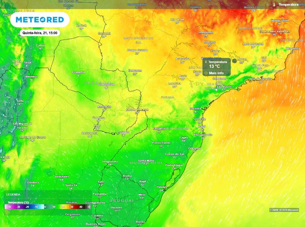 Temperatura prevista para a tarde de hoje (21), mapa mostra temperaturas amenas sobre o Sul do Brasil e leste do Sudeste, com termômetros abaixo de 20°C.