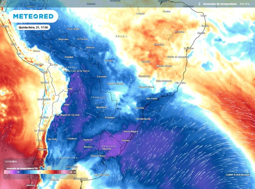 Mapa mostra a chegada do reforço do ar polar sobre o Sul do Brasil na tarde desta quinta (21).