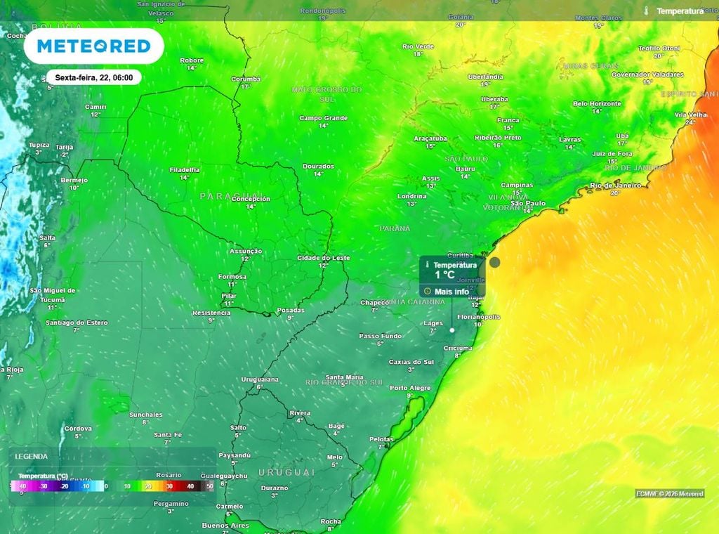 Amanhecer gelado no Sul do Brasil com riscos de geadas nesta sexta-feira (22). Há chances de temperaturas negativas na serra catarinense.