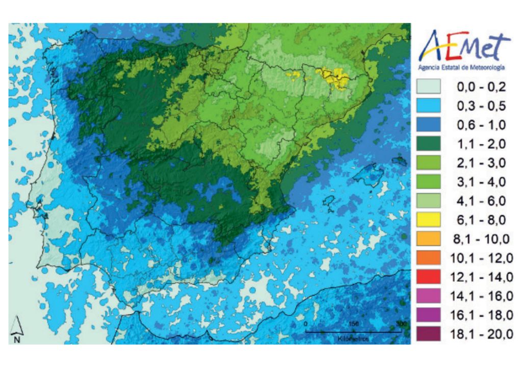 Tormentas en España Número medio de días con tormenta durante el mes de julio en la Península y Baleares entre 2007 y 2016. Las tormentas son más frecuentes en áreas montañosas del norte y noreste peninsular. Fuente: AEMET.