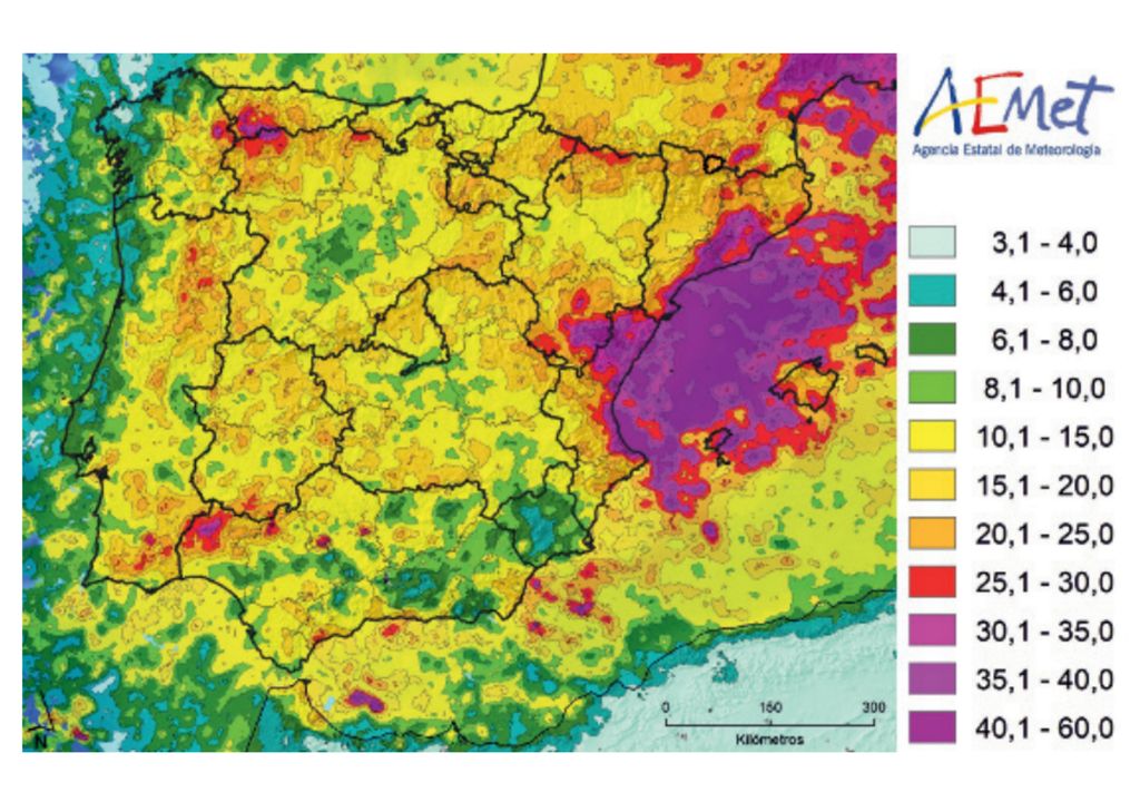 Rayos en España Las tormentas no son igual de intensas en toda España. Las que se forman en el entorno del Mediterráneo suelen registrar un número medio muy elevado de descargas eléctricas por cada día de tormenta. Fuente: AEMET.
