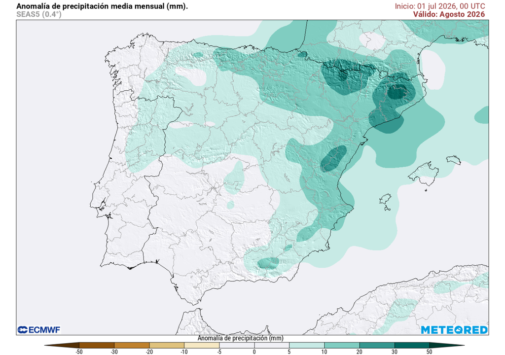 Las anomalías de precipitación para el mes de agosto en la España peninsular e Islas Baleares.