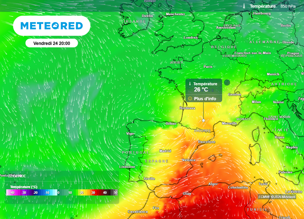 Air chaud Avec l'approche de la goutte froide par l'ouest, l'air chaud aura plus de facilités à se propager vers la France ce vendredi, notamment au sud