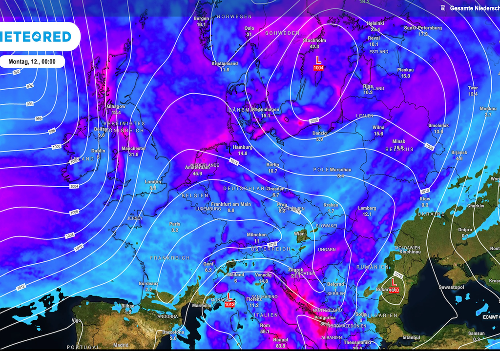 Die ECMWF-Modellrechnung summiert im Raum Frankfurt bis Montag rund 7 Liter Regen pro Quadratmeter. Genug für herbstliche Buchmesse-Stimmung – ein durchgehendes Regenwochenende zeichnet sich für Hessen jedoch nicht ab.