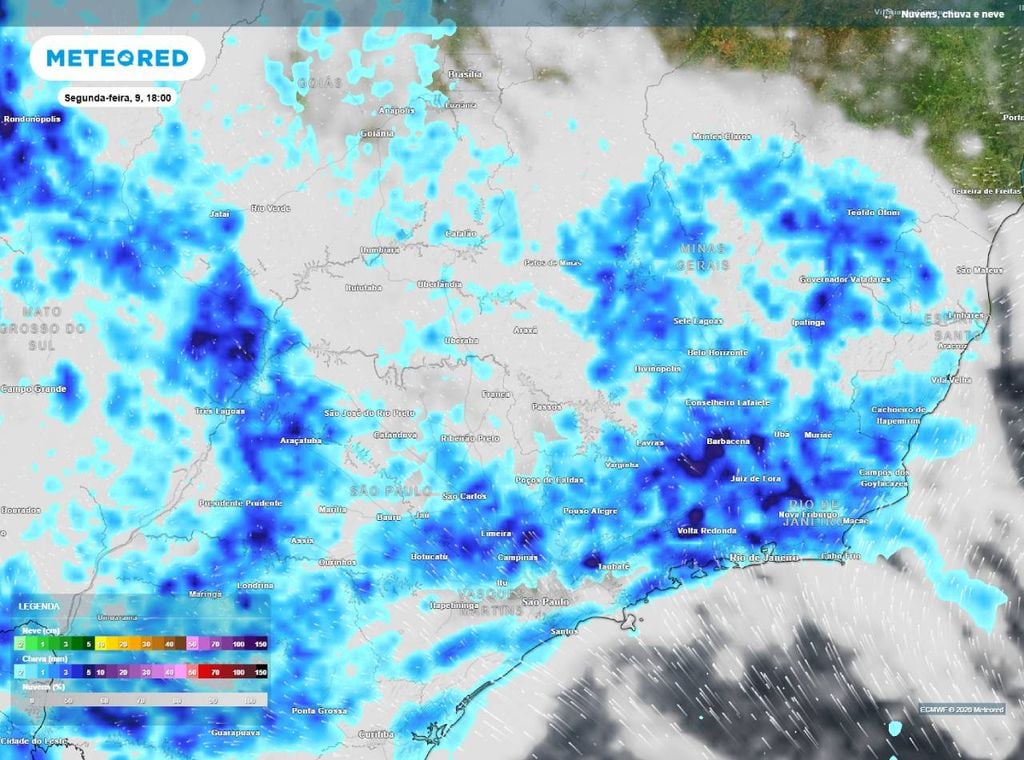 Previsão de precipitação (em mm) para a segunda-feira (9) à tarde (18h), segundo o modelo europeu ECMWF.