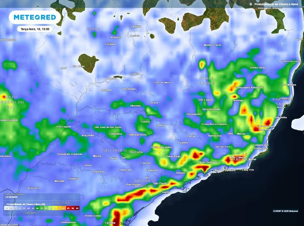 Previsão da probabilidade de precipitação (%) para terça-feira (10) à tarde (15h), segundo o modelo europeu ECMWF.