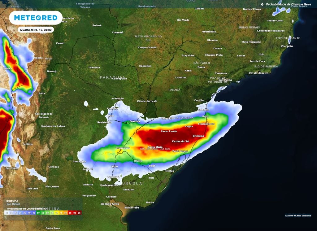 Probabilidade de precipitação. O mapa mostra as chances de chuva sobre o Sul do Brasil neta quarta (12).