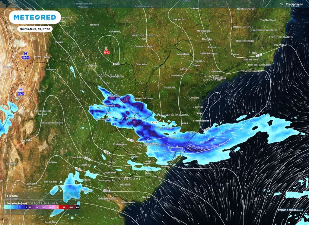 Precipitação e pressão a nível médio do mar. Mapa de precipitação e pressão a nível médio do mar para esta quinta-feira (13).